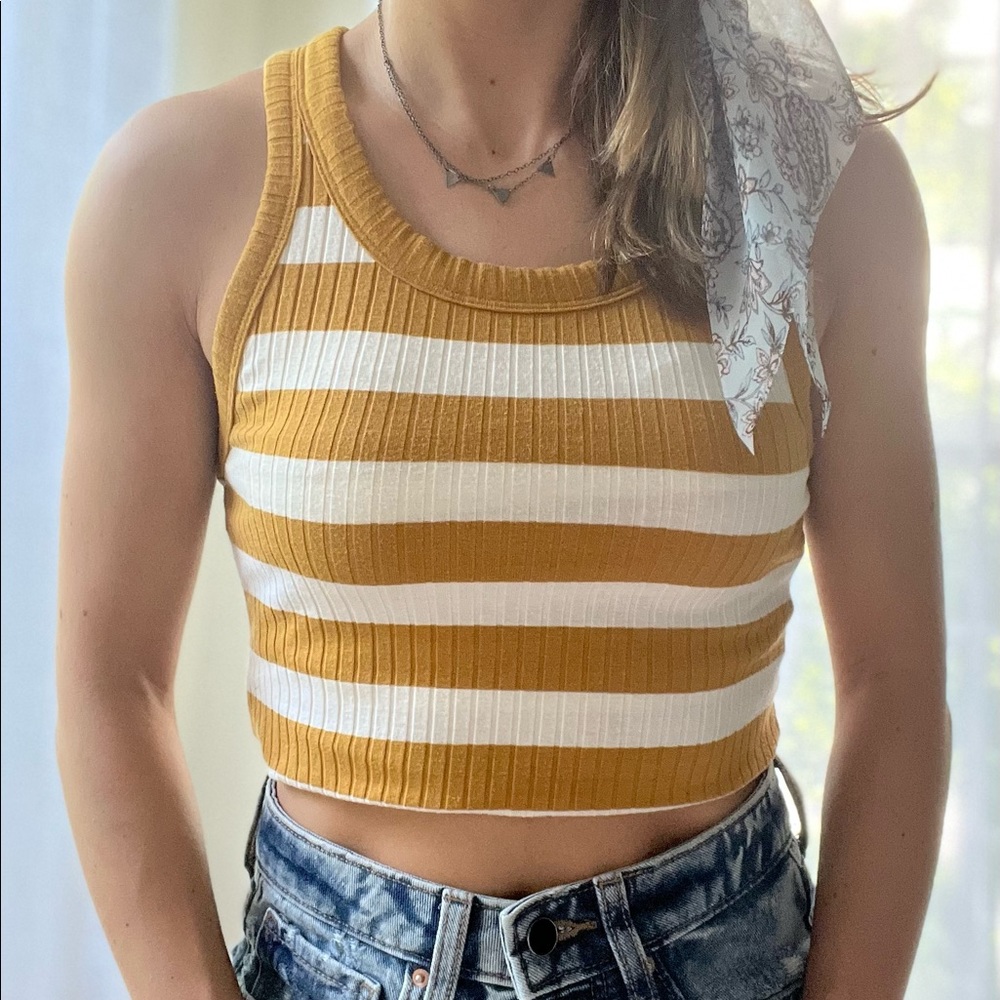 Yellow and white striped American eagle tank top